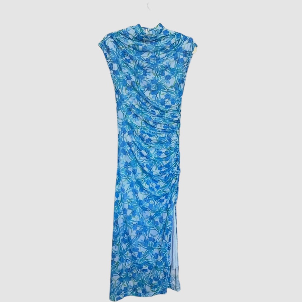Anthropologie The Maya Ruched Cowl-Neck Dress Mesh Edition Blue Floral Dress - Picture 2 of 16